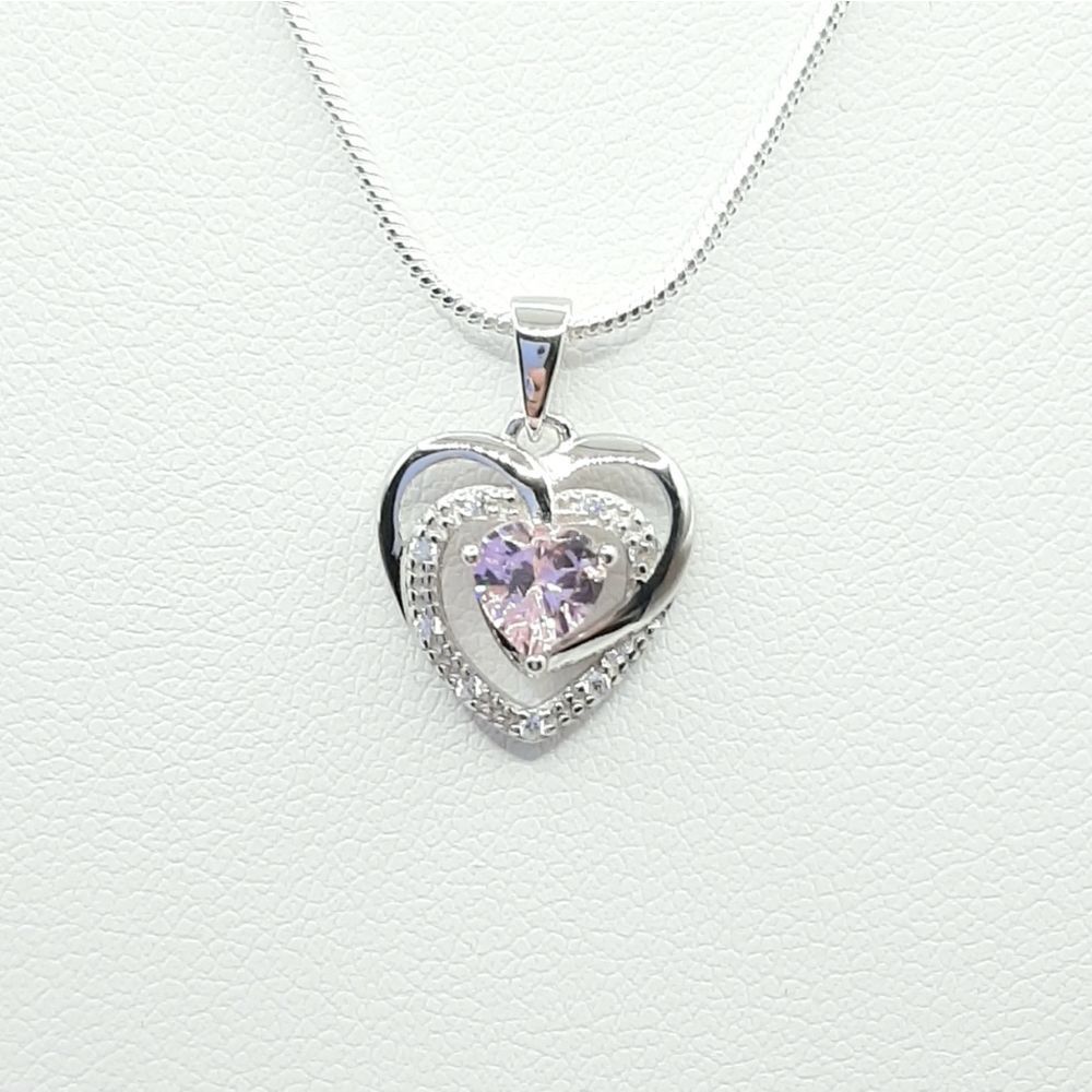 Pink Heart cz Pendant Necklace .925 Sterling Silver Valentine's New